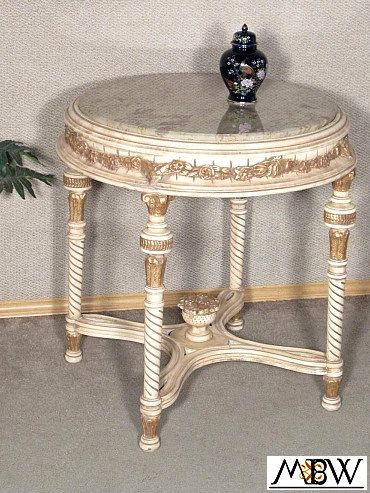 Antique White Finish Ornate Round Table w/ Marble  