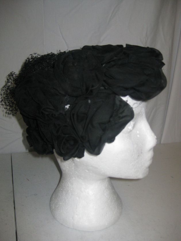 Neils Womens Vintage black Rose Hat with netting  