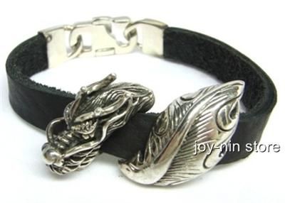 ROCKER DRAGON STERLING SILVER BLACK LEATHER BRACELET 8  