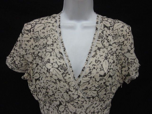 DKNY Beige Gray Floral Print Silk V Neck Dress Sz 8  