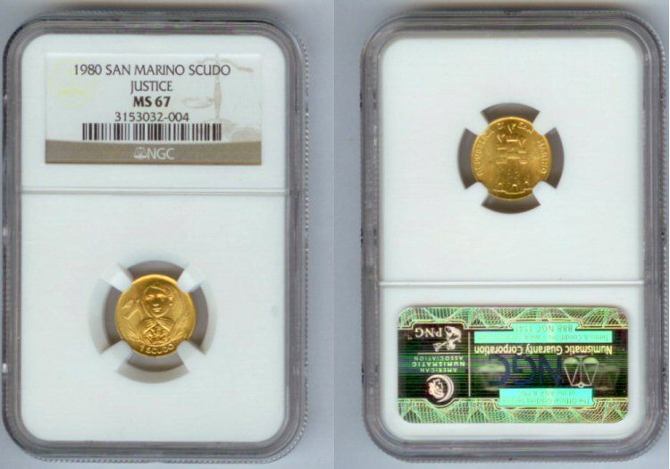 1980 GOLD SAN MARINO 1 SCUDO JUSTICE COIN NGC MINT STATE 67  