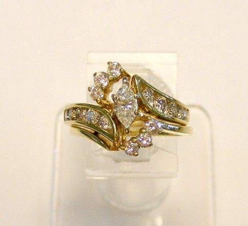   YELLOW GOLD .81cttw MARQUISE CUT DIAMOND WEDDING RING SET w ENHANCER