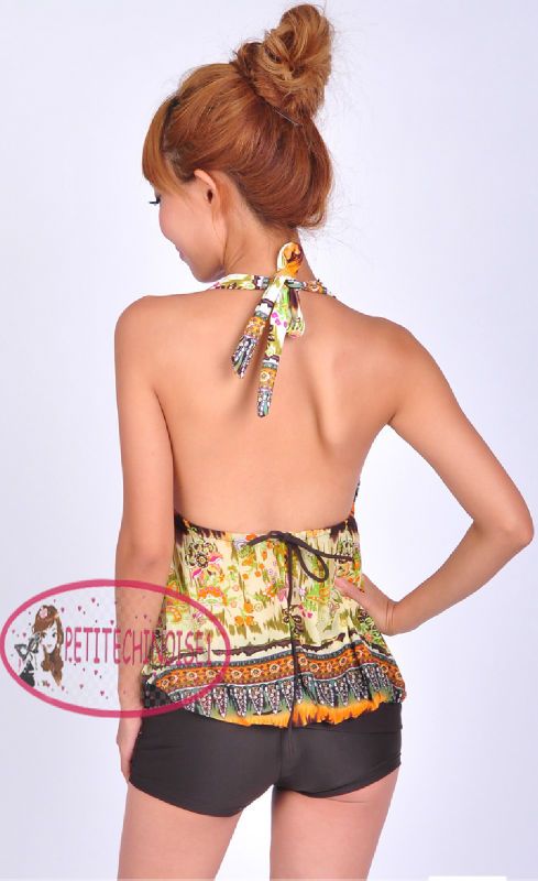 Exotic Bohemian Open Back V Neck Halter Tankini Bathing Suit Swimsuit 