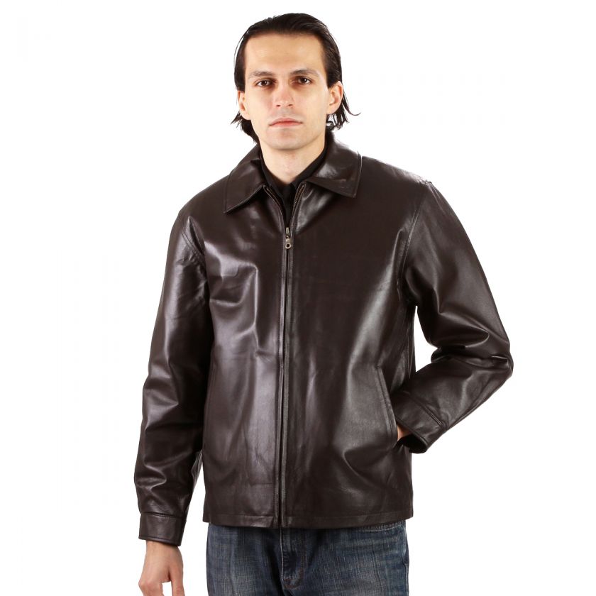 MENS BROWN SIMPLE ZIP UP CASUAL GENUINE LEATHER JACKET  