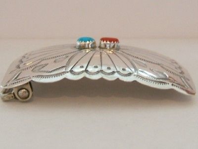 Vintage Sterling Silver Turquoise & Coral Belt Buckle  