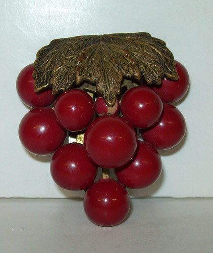 CELLULOID Gilt Brass Shoe DRESS CLIP Red CHERRIES Vintage Bakelite 