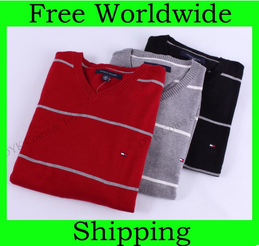 NEW TOMMY HILFIGER MENS CLASSIC STRIPED V NECK SWEATER  