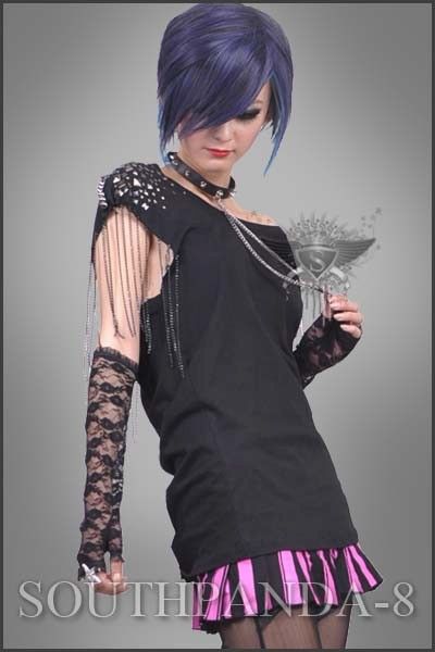 SC101 Black Stud T shirt Top Punk Rock Gothic Tassel  