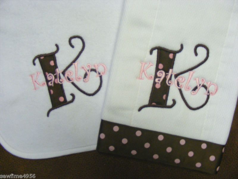 PERSONALIZED BIB BURP CLOTH SET MONOGRAMMED BROWN PINK  