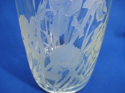 LARGE PERRY COYLE ENGRAVED IRIS FLOWERS VASE SIGNED  