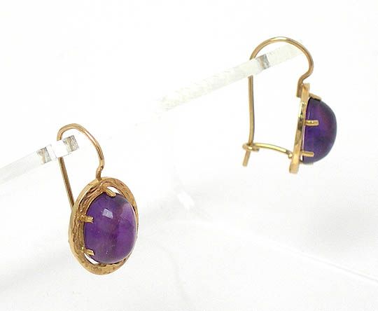 FINE DANGLING 14k GOLD OVAL CABOCHON AMETHYST EARRINGS  