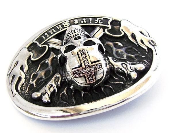 FIRE SKULL FLAME CROSSBONES STERLING SILVER BELT BUCKLE  