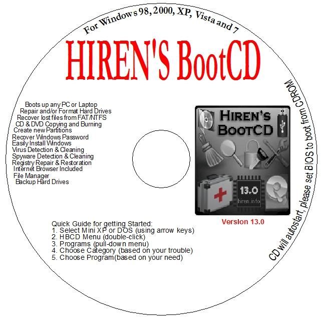 HIRENS BOOTCD 13.0 RECOVERY FIXING OF BSOD CRASH VIRUS  