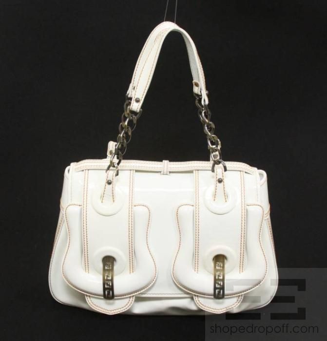 Fendi White Patent Leather & Tan Topstitched B Bag  