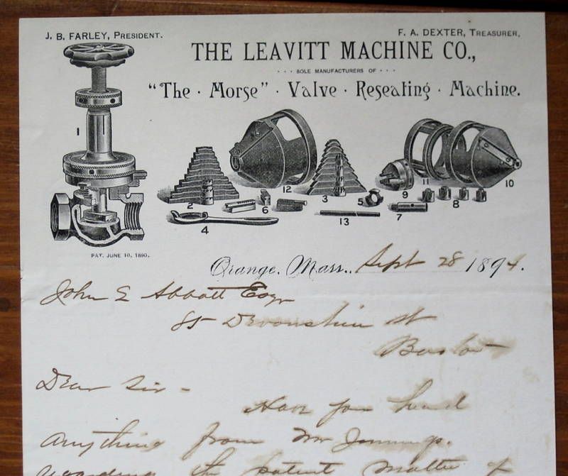 LEAVITT MACHINE CO Letterhead Orange MA w/ Engraved Machine Parts 