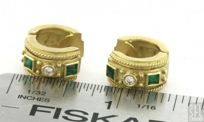 HEAVY 18K GOLD ELEGANT .48CTW DIAMOND/EMERALD HUGGIE EARRINGS  