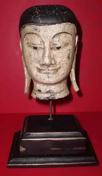 NICE SMALL CAMBODIAN TEAK WOOD BUDDHA MONK HEAD & STAND  