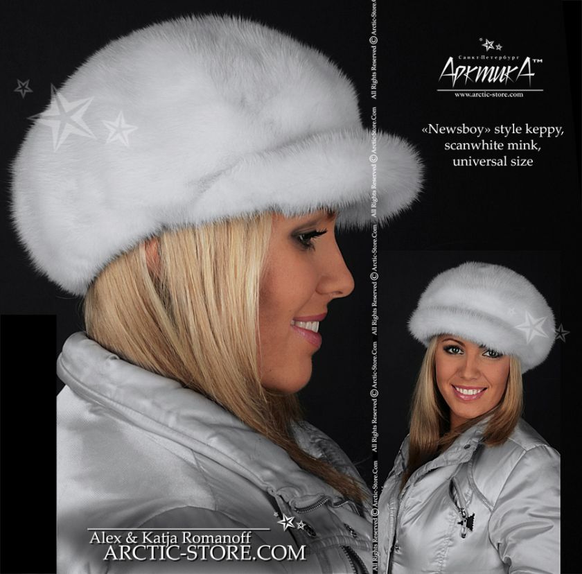 White mink fur cap newsboy sailor hat vison blanc keppy  