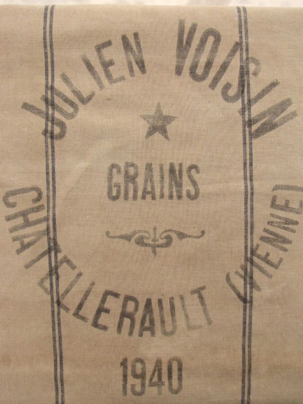 Vintage French Grain Sack linen printed feed bag 1940  