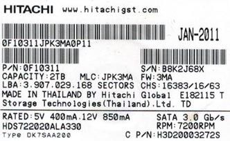 HITACHI HDS722020ALA330 2TB P/N 0F10311 MLC JPK3MA  