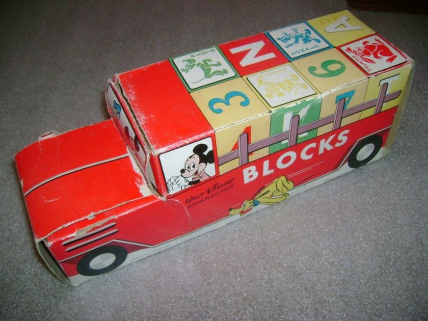 1950s Halsam DISNEY Wood ABC Building Blocks w Box  