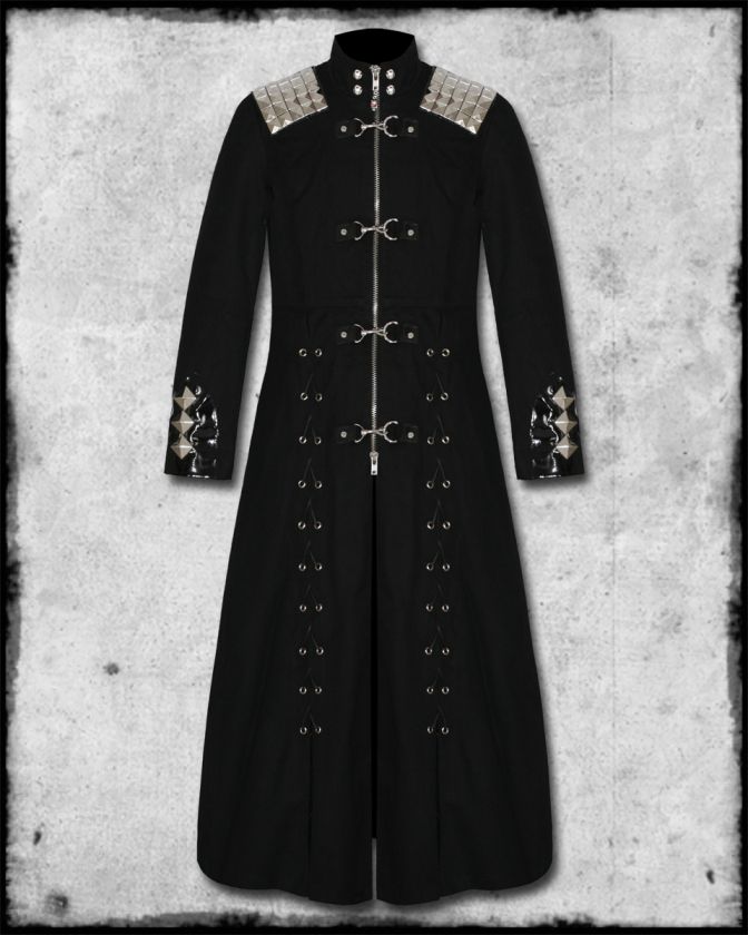   WARLOCK BLACK GOTH STUDDED SHOULDER ARMOUR TRENCH COAT JACKET  