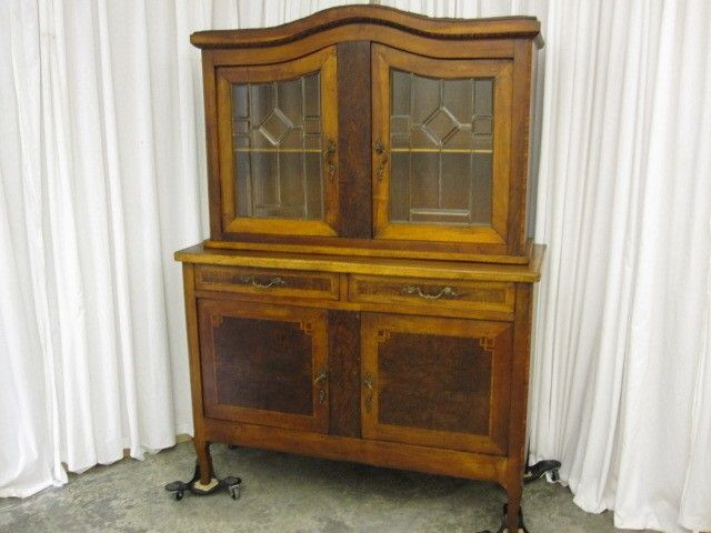   Antique Buffet Server Leaded Glass Doors, Burl & Cross Grain Cut Wood