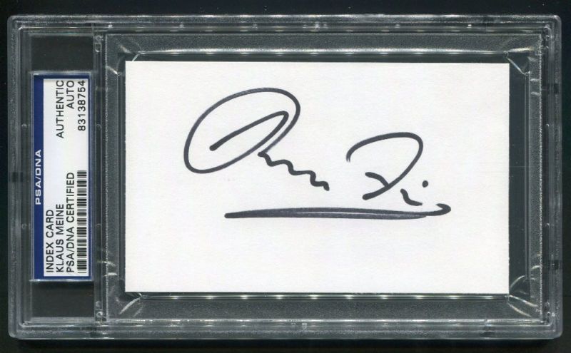 KLAUS MEINE SCORPIONS SIGNED INDEX CARD ROCK YOU LIKE A HURRICANE PSA 