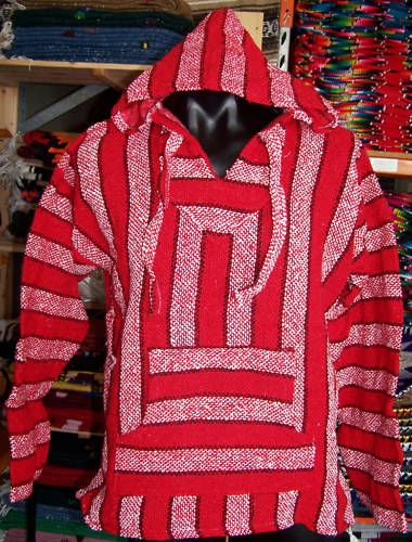 MEXICAN BAJA SURFER PONCHO HOODIE XXLARGE RED + WHITE♥  