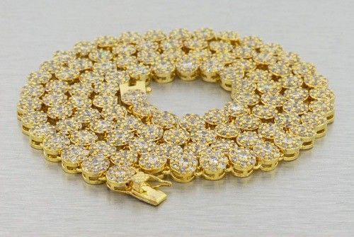 14K GOLD PLATED SIMULATED LAB DIAMOND CHAIN PAVE CLUSTER MENS ICED OUT 