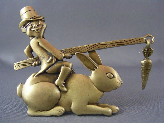 Vtg Signed JJ Bronze LEPRECHAUN Riding RABBIT Brooch  