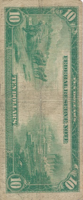 1913 $10 Federal Reserve Note, Blue Seal Large Size Ten Dollar US, 7 
