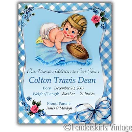 Custom Vintage Baby Boy Football Birth Announcements  