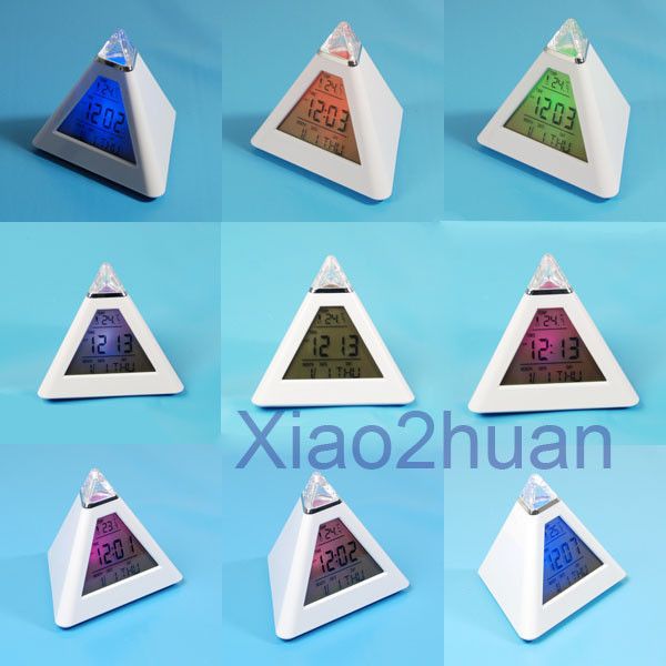 New LCD Pyramid Triangle Clock Alarm Multi Color Night  