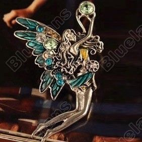   Ancient Silver Rhinestone Vintage Dance Wings Angel Brooch Pin 5715