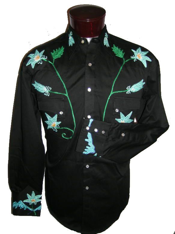 6757 B Floral Rockmount Western Cowboy Embroidered Snap Shirt Black Lg 