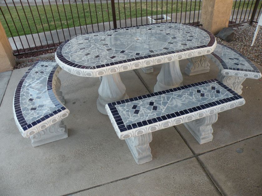 CONCRETE PATIO TABLE OVAL WITH 4 BENCHES TILE  