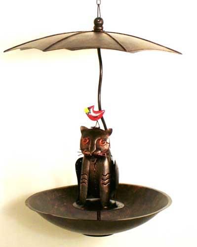 Copper Umbrella Cat Cardinal Bird Feeder Yard Decor  