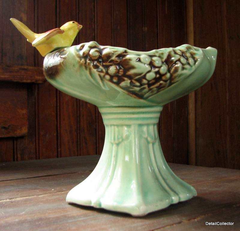 McCOY Yellow Bird on Birdbath PLANTER Vase Vintage Green Pottery Art 