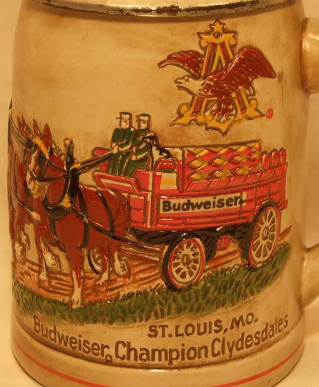 VINTAGE BUDWEISER ST. LOUIS MO. CHAMPION CLYDESDALES LIDDED STEIN 