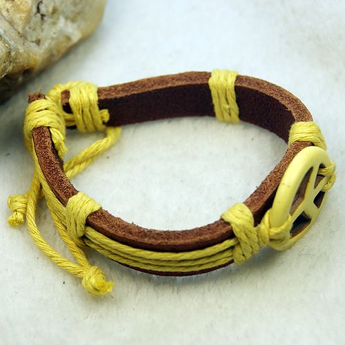 Yellow Turquoise Gem Peace Leather Hemp Cuff Bracelets  