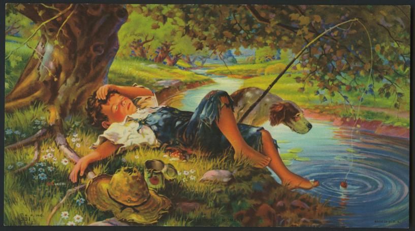 SUPER Lot 3 Orig Litho Prints 1930s Boys FISHING Signed  