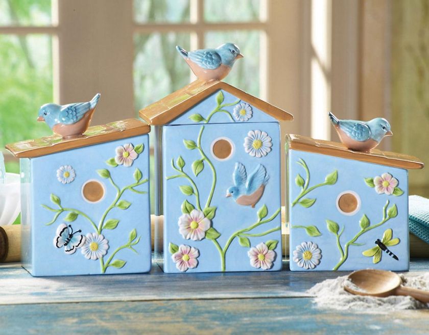 SET OF 3 BIRDHOUSE KITCHEN CERAMIC CANISTER SET  