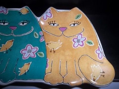 Cats and Birds Flowers Ceramic Spoon Rest Pin Trinket Tray  