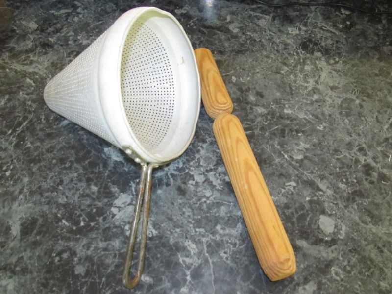 VINTAGE CONE COLANDER STRAINER AND HANDMADE WOOD PESTLE  