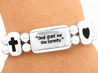 CROSS & SERENITY PRAYER SILVER TONE STRETCH BRACELET  