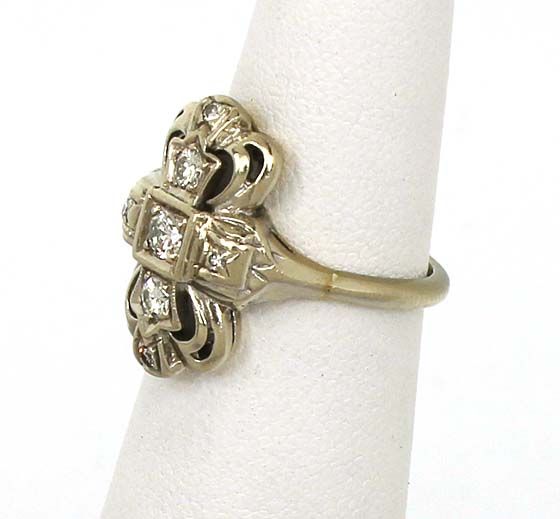 ART DECO 14K WHITE GOLD LADIES DIAMOND ORNATE RING  