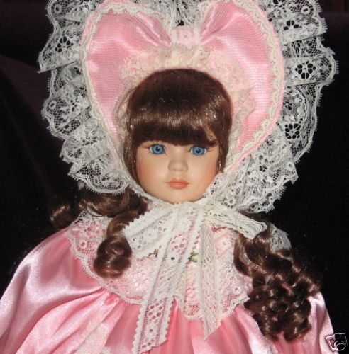 Pretty in Pink Victorian Brunette Porcelain Doll•Best Holiday Gift 