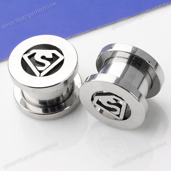 2x 00G Stainless Steel Superman Symbol Ear Plug Tunnel Earlet Flesh 