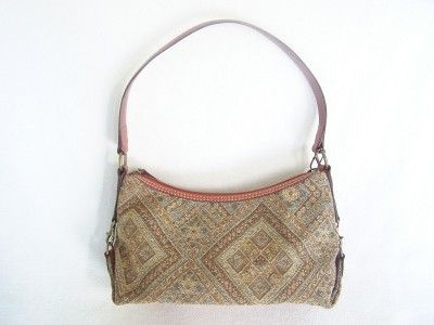 Vintage Fossil Tapestry and Brown Leather Handbag/Purse~Browns w/Blue 